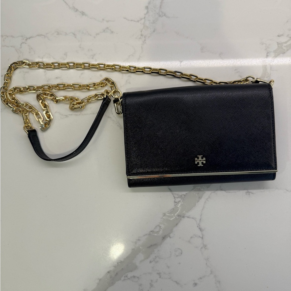 Tory Burch Black Leather Crossbody with Gold Chain